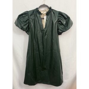 NWT Entro Green Faux Leather Ruffle Neck Puff Sleeve Shift‎ Dress Womens Size S